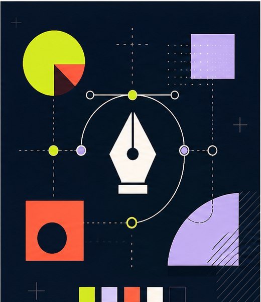 Vector branding artwork with a pen tool, color swatches, and geometric shapes